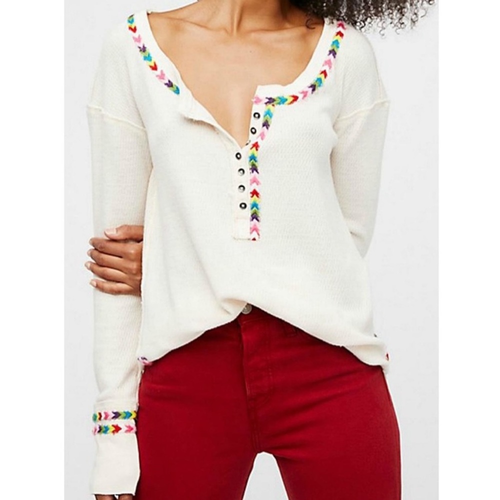 Free People white and rainbow thermal top